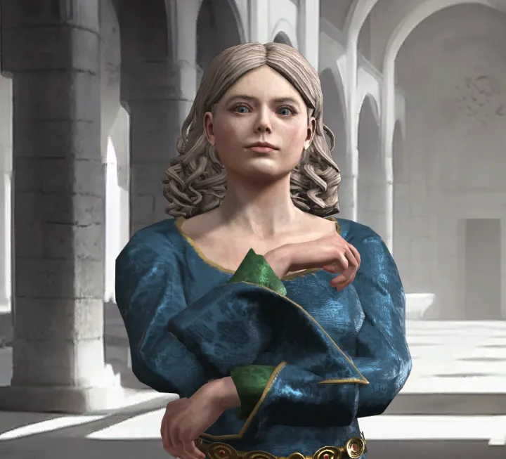Elle Fanning inspired AGOT CK3 character wearing a blue dress