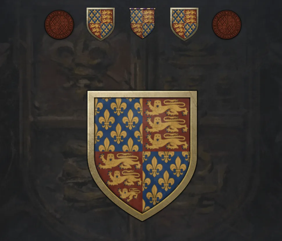 Angevin England coat of arms with gold lions and fleurs-de-lis